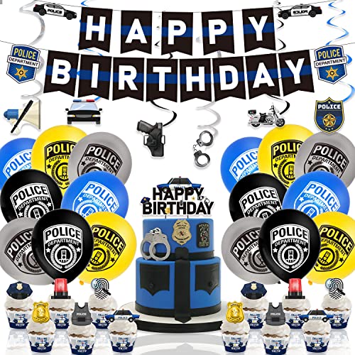 36-teiliges Polizei-Motto-Party-Dekorationsset, Polizei-Happy Birthday-Banner, hängende Wirbel, Kuchenaufsätze, Latex-Luftballons für Geburtstagsparty, Hochzeit, Babyparty von LEEMASING