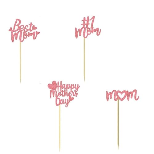 Cupcake-Aufsätze mit Glitzer, Aufschrift "Happy Mother's Day", beste Mutter, für Muttertag, Party, Dekoration, Rosa, 24 Stück von LEEMASING