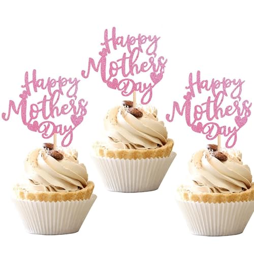 Cupcake-Topper "Happy Mother's Day", glitzernd, für verschiedene Geburtstagspartys, Jubiläen, Kuchen, Gebäck, Dekorationen, Rosa, 24 Stück von LEEMASING