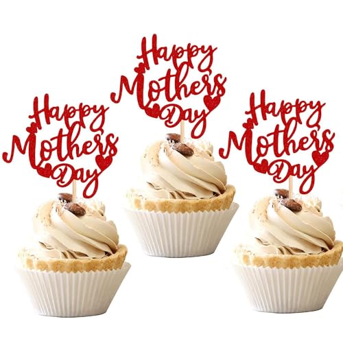 Cupcake-Topper "Happy Mother's Day", glitzernd, für verschiedene Geburtstagspartys, Jubiläen, Kuchen, Gebäck, Dekorationen, Rot, 24 Stück von LEEMASING