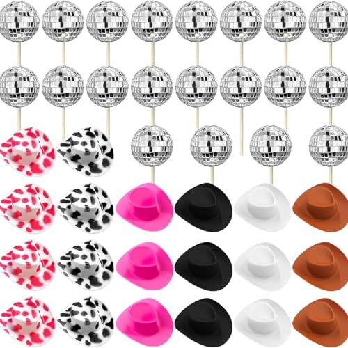 Cupcake-Topper mit Cowboyhut, Discokugel, 70er-Jahre, Disco-Kuchendekoration, Dekoration für Disco-Tanz, Geburtstag, Party, Neujahr, Dekoration, bunt, 40 Stück Cupcake-Topper mit Cowboyhut, Discokugel, 70er-Jahre, Disco-Kuchendekoration, Dekoration für Disco-Tanz, Geburtstag, Party, Neujahr, Dekoration, bunt, 40 Stück von LEEMASING