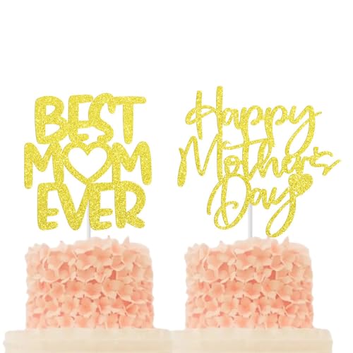 Cupcake-Topper mit Glitzer, Aufschrift "Happy Mothers Day", Aufschrift "Best Mom Ever", für Muttertag, Geburtstag, Party, Lieferanten (Gold), 10 Stück von LEEMASING