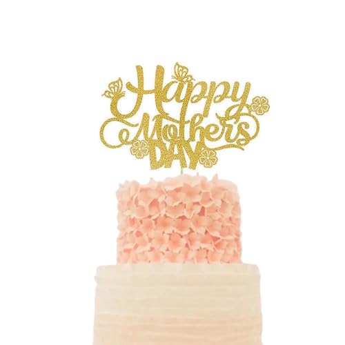 Glitzer-Kuchenaufsatz "Happy Mother's Day", Party-Dekoration mit Schmetterlings-Blume, Kuchenaufsatz für Mutterparty, Muttertags-Kuchendekoration, goldfarben, 10 Stück von LEEMASING