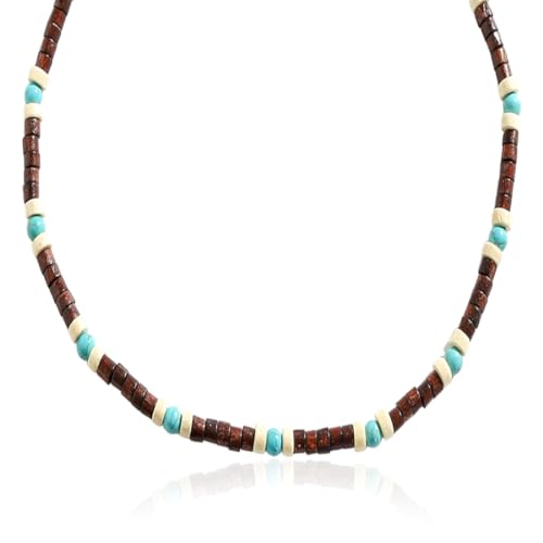 LEEQ Kokosnuss Perlen Surfer Halskette - Herren Surferkette Holzperlen, Handmade Strand-Schmuck, Wasserfest Halskette, Braun und Türkis von LEEQ