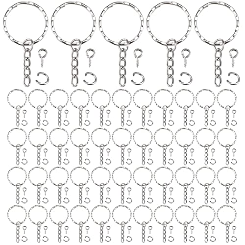 LEEQ 50 Stück Schlüsselanhänger Ringe Spaltschlüsselringe mit Gliederkette, 50 Stück offene Binderinge und 50 Stück Schrauböse Pins zum Basteln, 25 mm Durchmesser von LEEQBCR