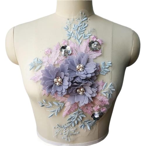 Gestickte Appliqué 3D Blumen Perlen Strass Spitze Stoff bestickt Hochzeitskleid Applikationen Nähen Patch for Kleid DIY Dekoration(Color:Purple) von LEEYDZJN