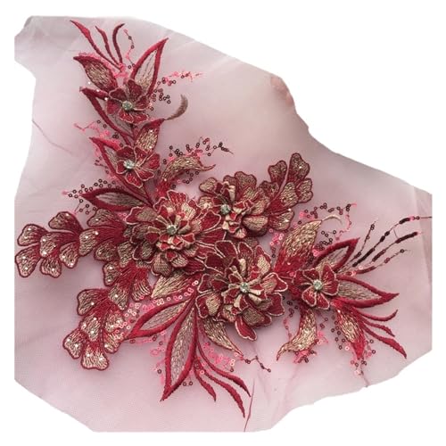 Gestickte Appliqué Blumen-Hochzeitskleid-Applikation, Spitzenstoff, Stickerei, Nähte for Kleid, DIY-Dekoration(Color:Wine Red) von LEEYDZJN