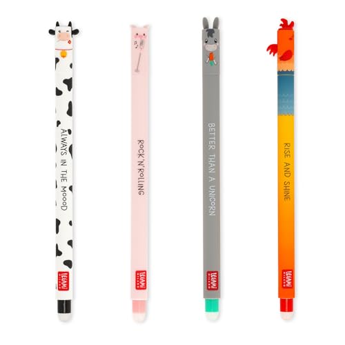 Legami - 4er Set Gel Radiergummi Farm Sweet Farm Stifte, mit hitzeempfindlicher, radierbarer Tinte, schwarz, rosa, grün, rot, radiert ohne Blatt zu verbrauchen, 0,7 mm Spitze Legami - 4er Set Gel Radiergummi Farm Sweet Farm Stifte, mit hitzeempfindlicher, radierbarer Tinte, schwarz, rosa, grün, rot, radiert ohne Blatt zu verbrauchen, 0,7 mm Spitze von LEGAMI