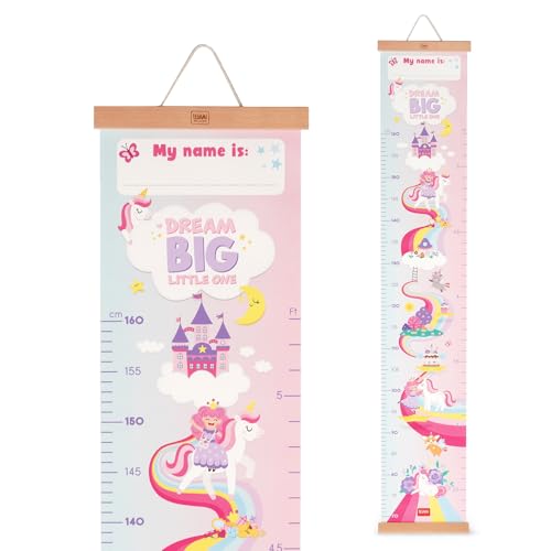 Legami - Dream Big Little One Messlatte zum Aufhängen für die Körpergröße von Kindern, bis 160 cm, 41 Aufkleber im Lieferumfang enthalten, mit Holzleisten, Motiv Unicorn, Rosa von LEGAMI