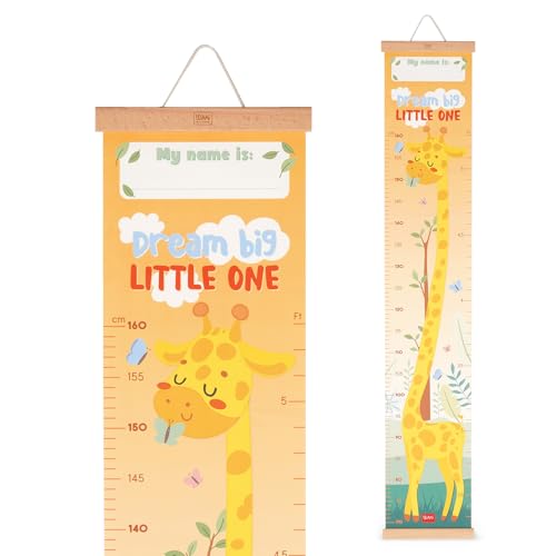 Dream Big Little One Messlatte zum Aufhängen für die Körpergröße von Kindern, bis 160 cm, 41 Aufkleber im Lieferumfang enthalten, mit Holzleisten, Gelb von LEGAMI