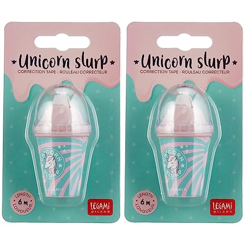 Legami - Korrekturband, hochdeckend, sofort wiederbeschreibbar, aus Kunststoff, Durchmesser 3 cm Höhe 6,5 cm, Unicorn Slurp, 1 Stück (2er Pack) von LEGAMI