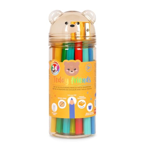 Legami - Set mit 24 Buntstiften mit Spitzer Teddy Friends, bärenförmig, langlebig, holzfrei, leuchtende Farben, wiederverwendbarer PET-Behälter von LEGAMI