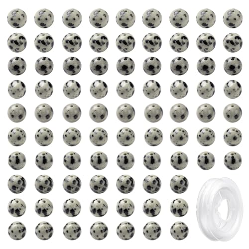 LEGENTLISUR 100 Stück 8mm Naturstein Perlen Rund Glatt Lose Edelsteinperlen Mit Elastischem Kristallfaden Für DIY Armbänder Halsketten Ohrringe Schmuckherstellung (Dalmatiner Jaspis) von LEGENTLISUR