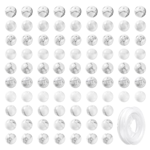 LEGENTLISUR 100 Stück 8mm Naturstein Perlen Rund Glatt Lose Edelsteinperlen Mit Elastischem Kristallfaden Für DIY Armbänder Halsketten Ohrringe Schmuckherstellung (Howlith) von LEGENTLISUR