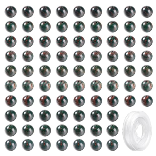LEGENTLISUR 100 Stück 8mm Naturstein Rundperlen Lose Glatte Edelsteinperlen Mit Elastischem Kristallfaden Für Die Herstellung Von DIY Armbändern Halsketten Ohrringen Und Schmuck (Indischer Blutstein) von LEGENTLISUR