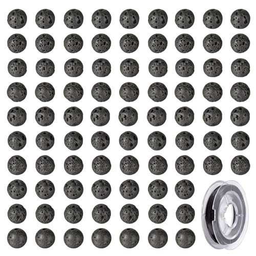 LEGENTLISUR 100 Stück 8mm Naturstein Rundperlen Lose Glatte Edelsteinperlen Mit Elastischem Kristallfaden Für Die Herstellung Von DIY Armbändern Halsketten Ohrringen Und Schmuck (Lavastein) von LEGENTLISUR