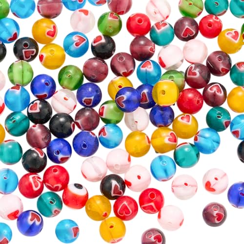 LEGENTLISUR 100 Stück Handgefertigte Glasperlen Zur Schmuckherstellung Bunte Lampwork Perlen Runde Herz Perlenstränge Für Armbänder Halsketten Ohrringe DIY Herstellung (6mm) von LEGENTLISUR