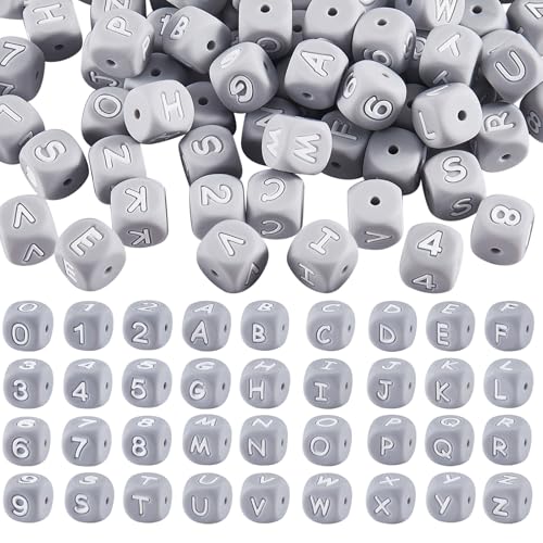 LEGENTLISUR 108 Stück Silikon Buchstaben Zahlenperlen 12mm Quadratische Würfel Alphabet Lose Perlen Für Freundschaftsarmbänder Wörter Schlüsselanhänger Schmuck Basteln DIY Projekte (Grau) von LEGENTLISUR