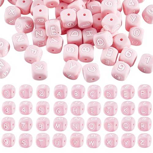 LEGENTLISUR 108 Stück Silikon Buchstaben Zahlenperlen 12mm Quadratische Würfel Alphabet Lose Perlen Für Freundschaftsarmbänder Wörter Schlüsselanhänger Schmuck Basteln DIY Projekte (Pink) von LEGENTLISUR