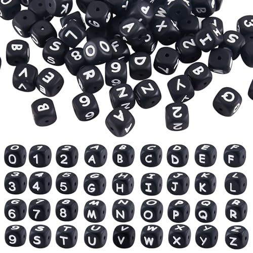 LEGENTLISUR 108 Stück Silikon Buchstaben Zahlenperlen 12mm Quadratische Würfel Alphabet Lose Perlen Für Freundschaftsarmbänder Wörter Schlüsselanhänger Schmuck Basteln DIY Projekte (Schwarz) von LEGENTLISUR