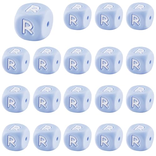 LEGENTLISUR 20 Stück Silikon Buchstabenperlen 12mm Quadratisch Blaue Buchstabenperlen Für Freundschaftsarmbänder Halsketten Schmuck Schlüsselanhänger Basteln DIY Projekte (Buchstabe R) von LEGENTLISUR