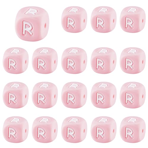 LEGENTLISUR 20 Stück Silikon Buchstabenperlen 12mm Quadratisch Rosa Buchstabenperlen Für Freundschaftsarmbänder Halsketten Schmuck Schlüsselanhänger Basteln DIY Projekte (Buchstabe R) von LEGENTLISUR