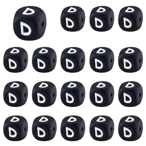 LEGENTLISUR 20 Stück Silikon Buchstabenperlen 12mm Quadratisch Schwarze Buchstabenperlen Für Freundschaftsarmbänder Halsketten Schmuck Schlüsselanhänger Basteln DIY Projekte (Buchstabe D) von LEGENTLISUR