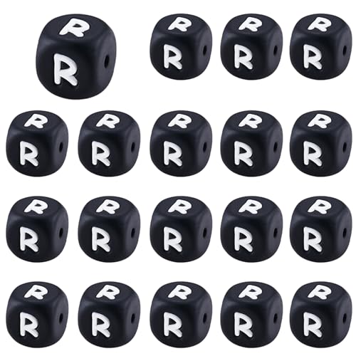 LEGENTLISUR 20 Stück Silikon Buchstabenperlen 12mm Quadratisch Schwarze Buchstabenperlen Für Freundschaftsarmbänder Halsketten Schmuck Schlüsselanhänger Basteln DIY Projekte (Buchstabe R) von LEGENTLISUR