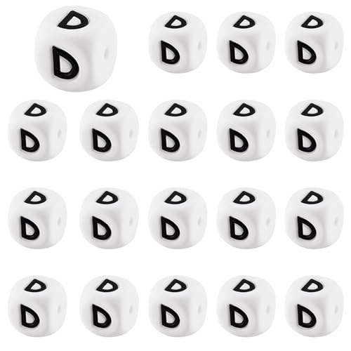 LEGENTLISUR 20 Stück Silikon Buchstabenperlen 12mm Quadratisch Weiß Alphabet Perlen Für Freundschaftsarmbänder Halsketten Schmuck Schlüsselanhänger Basteln DIY Projekte (Buchstabe D) von LEGENTLISUR