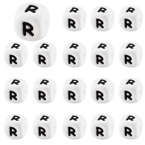 LEGENTLISUR 20 Stück Silikon Buchstabenperlen 12mm Quadratisch Weiße Buchstabenperlen Für Freundschaftsarmbänder Halsketten Schmuck Schlüsselanhänger Basteln DIY Projekte (Buchstabe R) von LEGENTLISUR