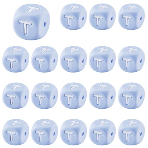 LEGENTLISUR 20 Stück Silikon Buchstabenperlen 12mm Quadratisch Würfel Alphabet Silikonperlen Für Freundschaftsarmbänder Wörter Halsketten Schlüsselanhänger Schmuck Basteln DIY Projekte (Buchstabe T) von LEGENTLISUR