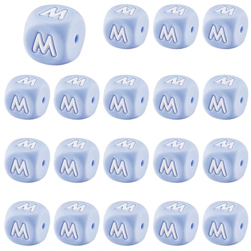 LEGENTLISUR 20 Stück Silikon Buchstabenperlen 12mm Quadratische Würfel Blaue Alphabet Lose Perlen Für Freundschaftsarmbänder Wörter Schlüsselanhänger Schmuck Basteln DIY Projekte (Buchstabe M) von LEGENTLISUR
