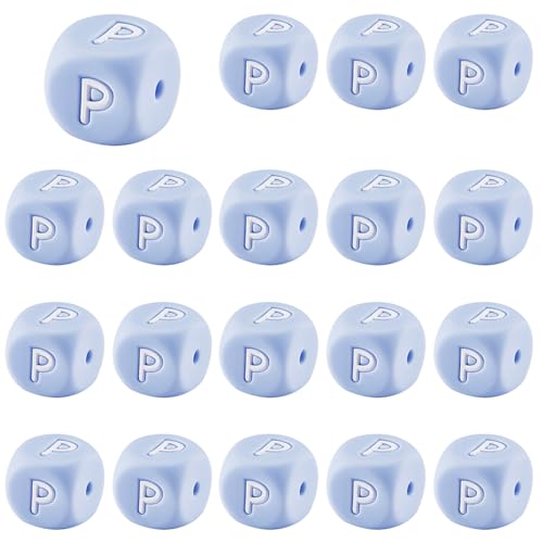 LEGENTLISUR 20 Stück Silikon Buchstabenperlen 12mm Quadratische Würfel Blaue Alphabet Lose Perlen Für Freundschaftsarmbänder Wörter Schlüsselanhänger Schmuck Basteln DIY Projekte (Buchstabe P) von LEGENTLISUR