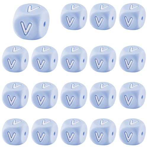LEGENTLISUR 20 Stück Silikon Buchstabenperlen 12mm Quadratische Würfel Blaue Alphabet Lose Perlen Für Freundschaftsarmbänder Wörter Schlüsselanhänger Schmuck Basteln DIY Projekte (Buchstabe V) von LEGENTLISUR