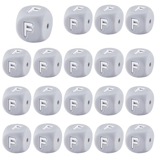 LEGENTLISUR 20 Stück Silikon Buchstabenperlen 12mm Quadratische Würfel Graue Alphabet Lose Perlen Für Freundschaftsarmbänder Wörter Schlüsselanhänger Schmuck Basteln DIY Projekte (Buchstabe F) von LEGENTLISUR