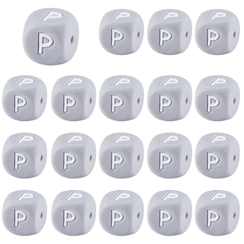 LEGENTLISUR 20 Stück Silikon Buchstabenperlen 12mm Quadratische Würfel Graue Alphabet Lose Perlen Für Freundschaftsarmbänder Wörter Schlüsselanhänger Schmuck Basteln DIY Projekte (Buchstabe P) von LEGENTLISUR