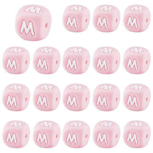 LEGENTLISUR 20 Stück Silikon Buchstabenperlen 12mm Quadratische Würfel Rosa Alphabet Lose Perlen Für Freundschaftsarmbänder Wörter Schlüsselanhänger Schmuck Basteln DIY Projekte (Buchstabe M) von LEGENTLISUR