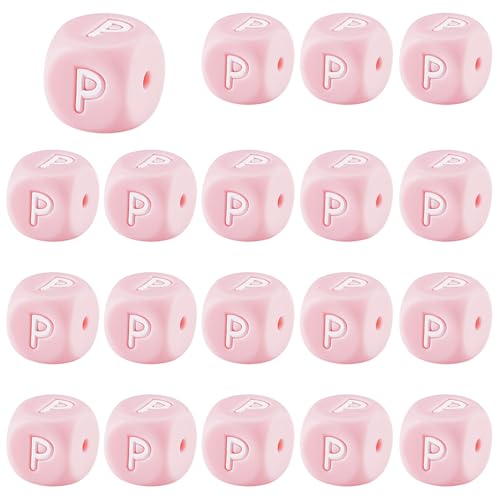 LEGENTLISUR 20 Stück Silikon Buchstabenperlen 12mm Quadratische Würfel Rosa Alphabet Lose Perlen Für Freundschaftsarmbänder Wörter Schlüsselanhänger Schmuck Basteln DIY Projekte (Buchstabe P) von LEGENTLISUR