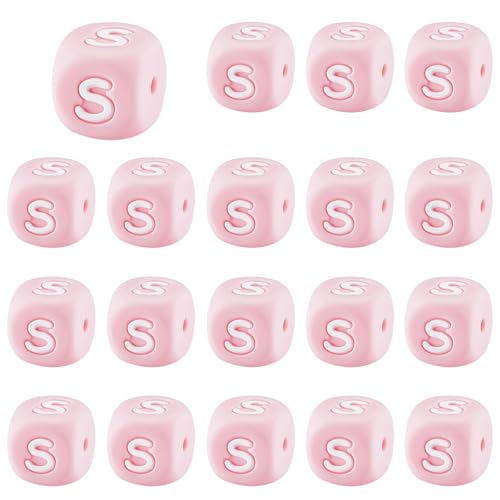 LEGENTLISUR 20 Stück Silikon Buchstabenperlen 12mm Quadratische Würfel Rosa Alphabet Lose Perlen Für Freundschaftsarmbänder Wörter Schlüsselanhänger Schmuck Basteln DIY Projekte (Buchstabe S) von LEGENTLISUR