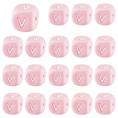LEGENTLISUR 20 Stück Silikon Buchstabenperlen 12mm Quadratische Würfel Rosa Alphabet Lose Perlen Für Freundschaftsarmbänder Wörter Schlüsselanhänger Schmuck Basteln DIY Projekte (Buchstabe V) von LEGENTLISUR