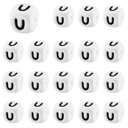 LEGENTLISUR 20 Stück Silikon Buchstabenperlen 12mm Quadratische Würfel Vokal Alphabet Lose Perlen Für Freundschaftsarmbänder Wörter Schlüsselanhänger Schmuck Basteln DIY Projekte (Buchstabe U) von LEGENTLISUR