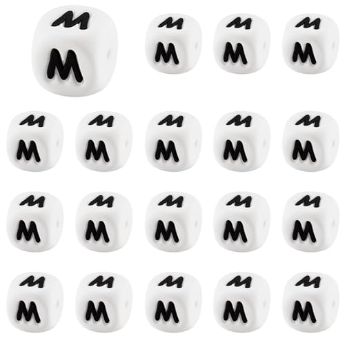 LEGENTLISUR 20 Stück Silikon Buchstabenperlen 12mm Quadratische Würfel Weiße Alphabet Lose Perlen Für Freundschaftsarmbänder Wörter Schlüsselanhänger Schmuck Basteln DIY Projekte (Buchstabe M) von LEGENTLISUR