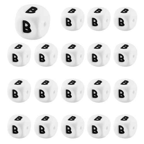 LEGENTLISUR 20 Stück Silikon Buchstabenperlen 12mm Quadratische Würfel Weiße Alphabet Lose Perlen Für Freundschaftsarmbänder Wörter Schlüsselanhänger Schmuck Basteln DIY Projekte (Buchstabe B) von LEGENTLISUR