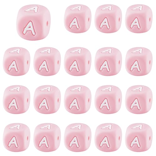 LEGENTLISUR 20 Stück Silikon Buchstabenperlen 12mm Würfel Rosa Vokal Alphabet Lose Perlen Für Freundschaftsarmbänder Halsketten Schlüsselanhänger Schmuck Basteln DIY Projekte (Buchstabe A) von LEGENTLISUR
