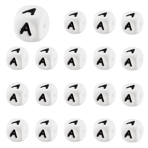 LEGENTLISUR 20 Stück Silikon Buchstabenperlen 12mm Würfel Weiße Vokal Alphabet Lose Perlen Für Freundschaftsarmbänder Halsketten Schlüsselanhänger Schmuck Basteln DIY Projekte (Buchstabe A) von LEGENTLISUR