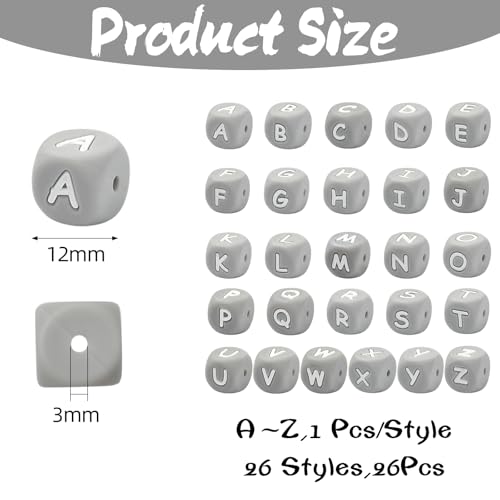 LEGENTLISUR 26 Stück Silikon Buchstabenperlen 12mm Quadratische Würfel Alphabet Lose Perlen Für Freundschaftsarmbänder Wörter Schlüsselanhänger Schmuck Basteln DIY Projekte (Grau) von LEGENTLISUR
