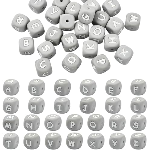 LEGENTLISUR 26 Stück Silikon Buchstabenperlen 12mm Quadratische Würfel Alphabet Lose Perlen Für Freundschaftsarmbänder Wörter Schlüsselanhänger Schmuck Basteln DIY Projekte (Grau) von LEGENTLISUR