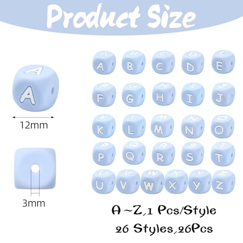 LEGENTLISUR 26 Stück Silikon Buchstabenperlen 12mm Quadratische Würfel Alphabet Lose Perlen Für Freundschaftsarmbänder Wörter Schlüsselanhänger Schmuck Basteln DIY Projekte (Hellblau) von LEGENTLISUR