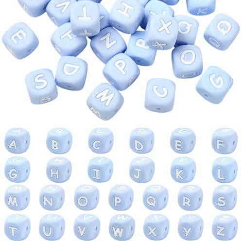 LEGENTLISUR 26 Stück Silikon Buchstabenperlen 12mm Quadratische Würfel Alphabet Lose Perlen Für Freundschaftsarmbänder Wörter Schlüsselanhänger Schmuck Basteln DIY Projekte (Hellblau) von LEGENTLISUR