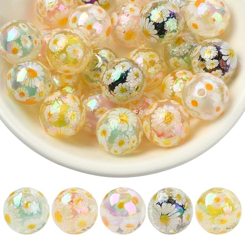 LEGENTLISUR 30 Stück 5 Farben Gänseblümchen Blumenperlen Runde Acrylperlen Zur Schmuckherstellung Schlüsselanhänger Armbänder Perlenstifte von LEGENTLISUR